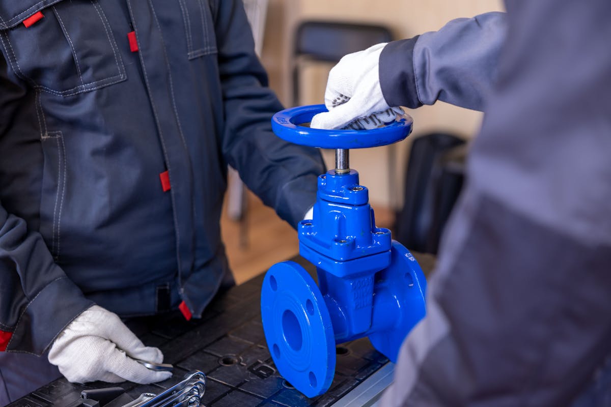 Technicians fitting an actuator to an industrial valve